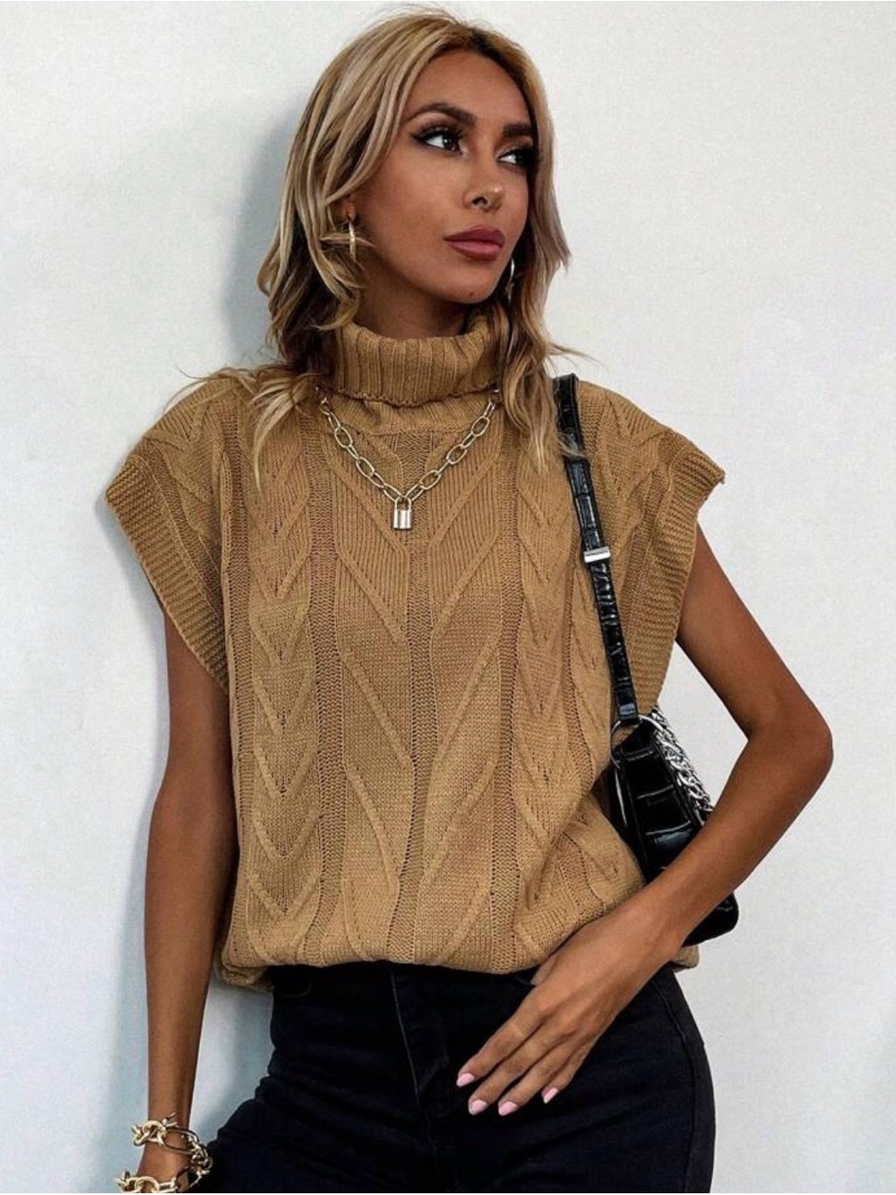 SHEIN Sleeveless Turtleneck Cable Knit Sweater - Khaki